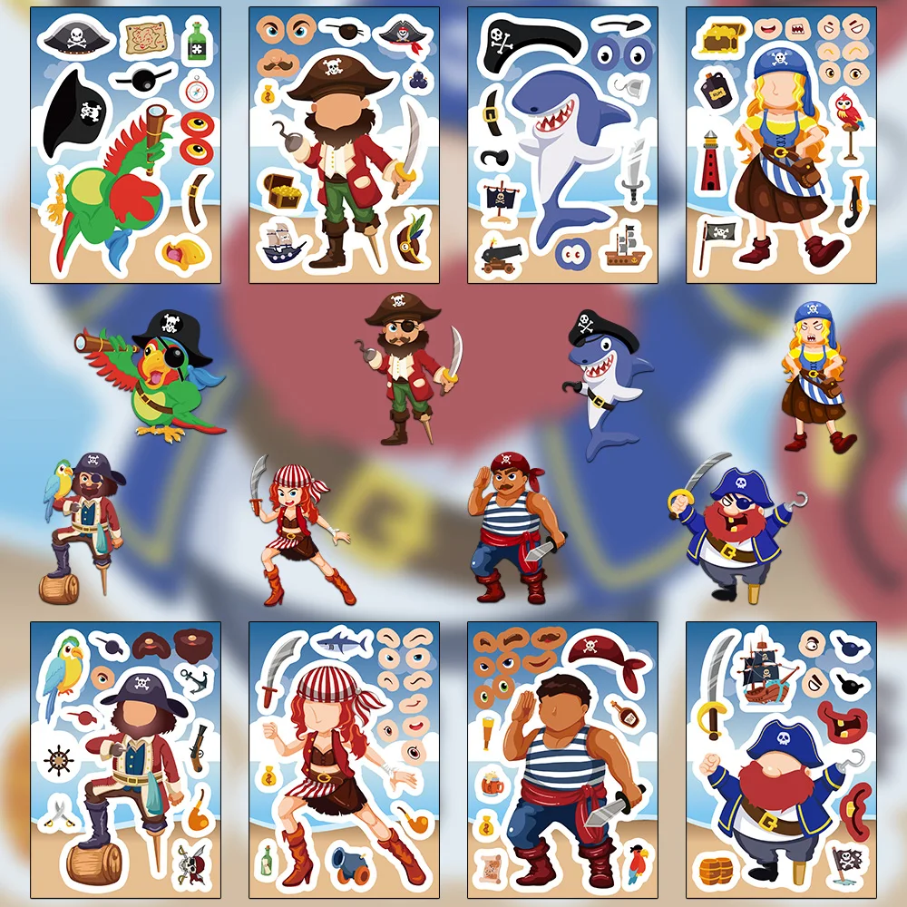 8PCS Creative Pirate Member Face Changing Cartoon Assembly Stickers Captain Sailor Parrot Shark Fun DIY Balloon Water Cup Phone