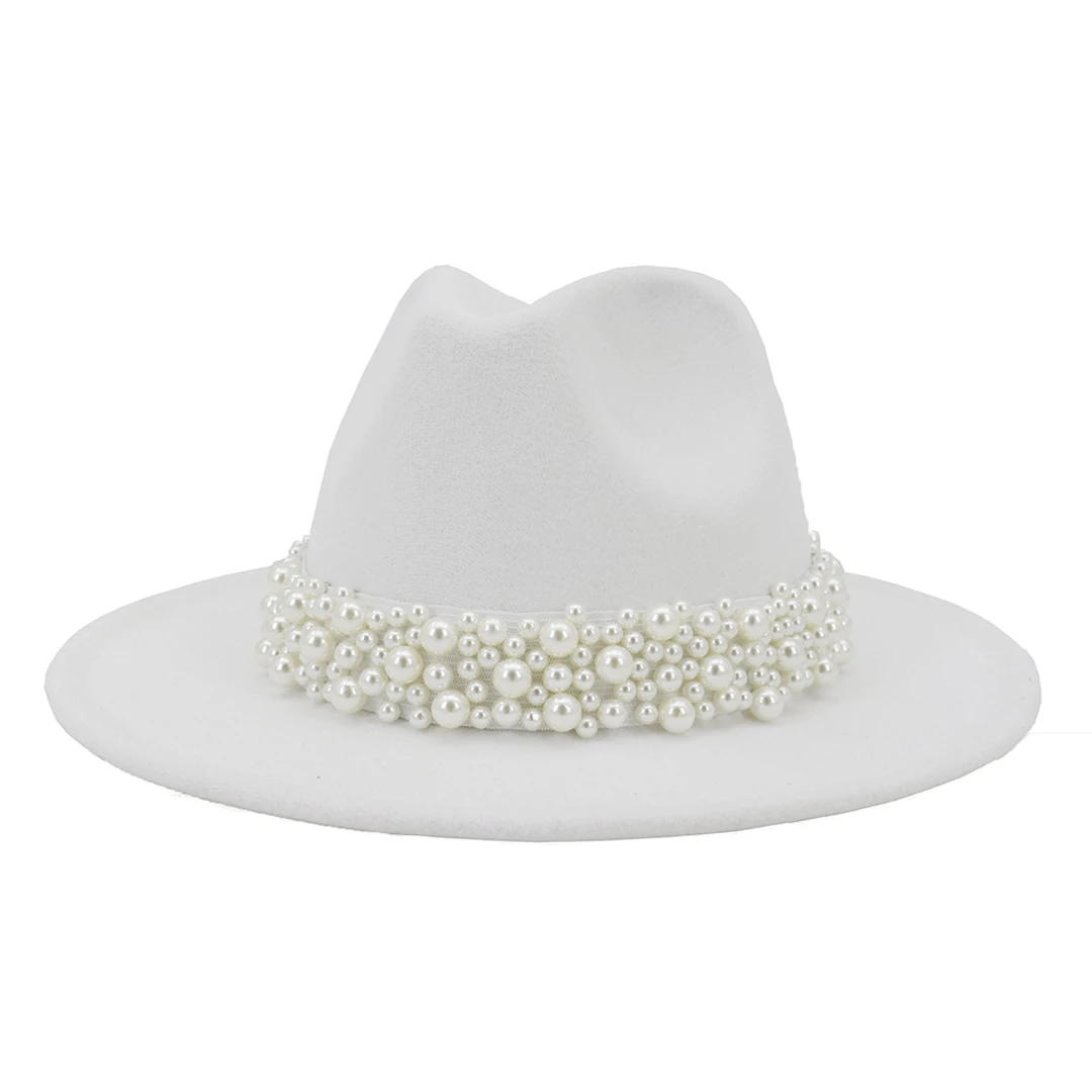 Fedora Hats for Women Wool Felt Panama Hat with Pearl Band Wide Brim Felt Hat Classic Trilby Jazz Hat Church Hats Women Elegant