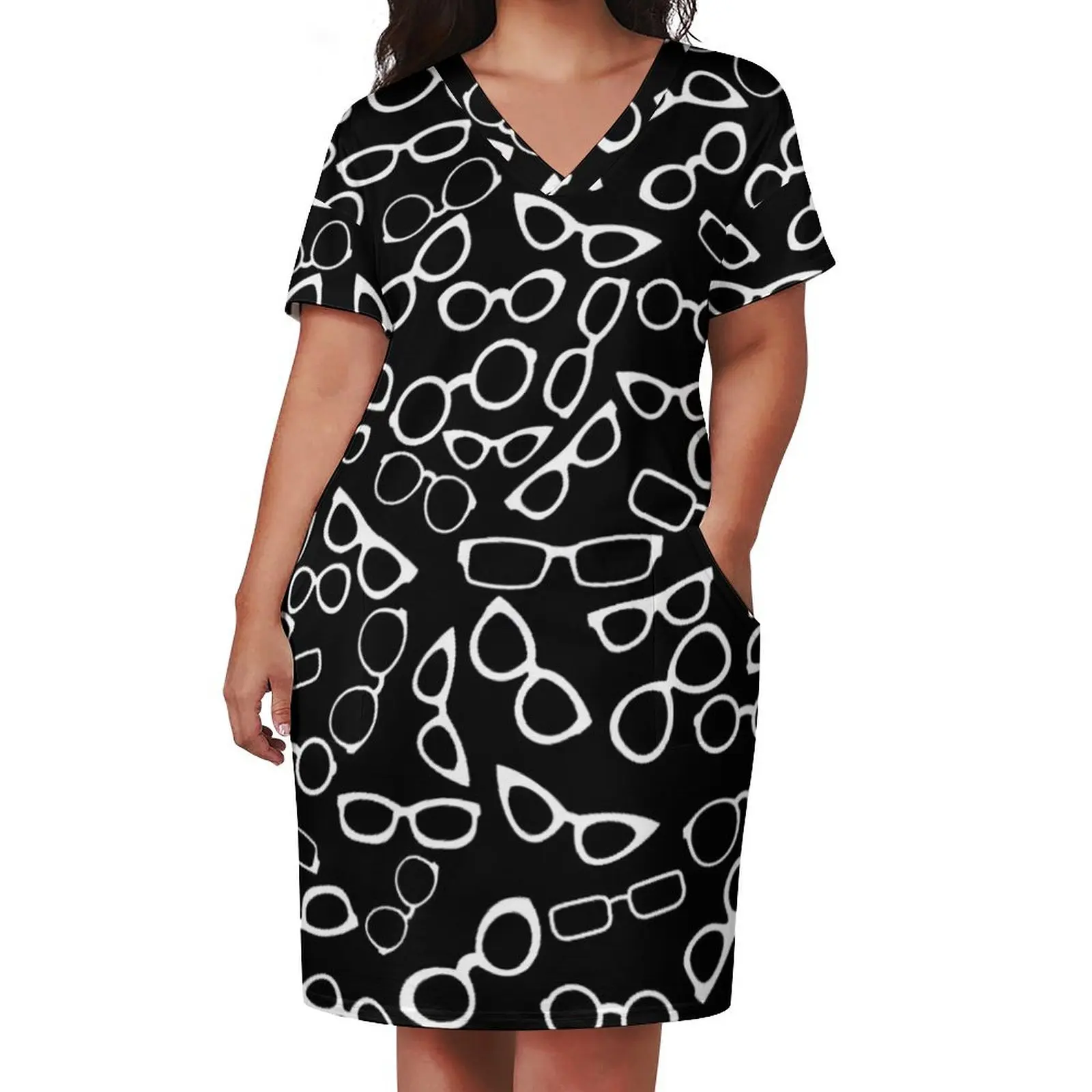 Various Shaped Eyeglasses Pattern - White Loose Pocket Dress Women