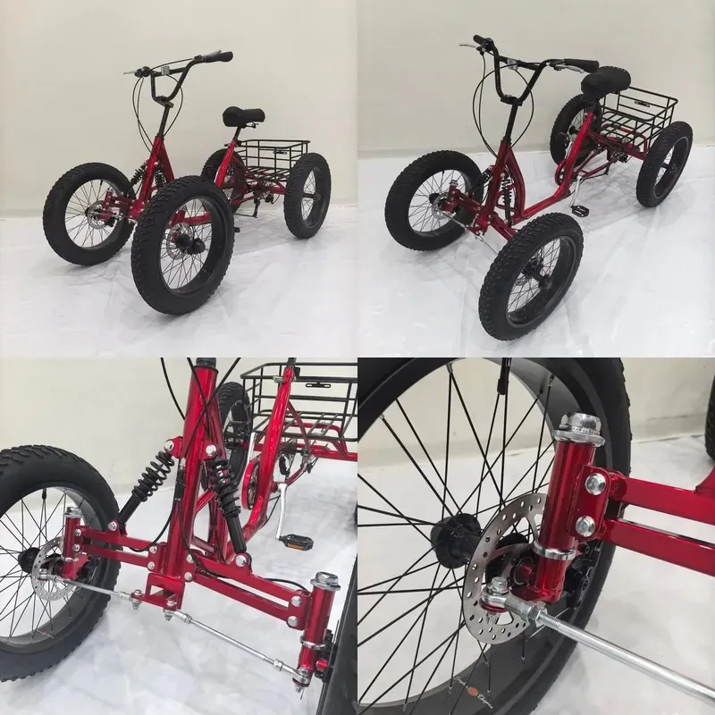 Wide-tire off-road pedal quad bike with rear hub motor, disc brakes, steel frame for snow riding