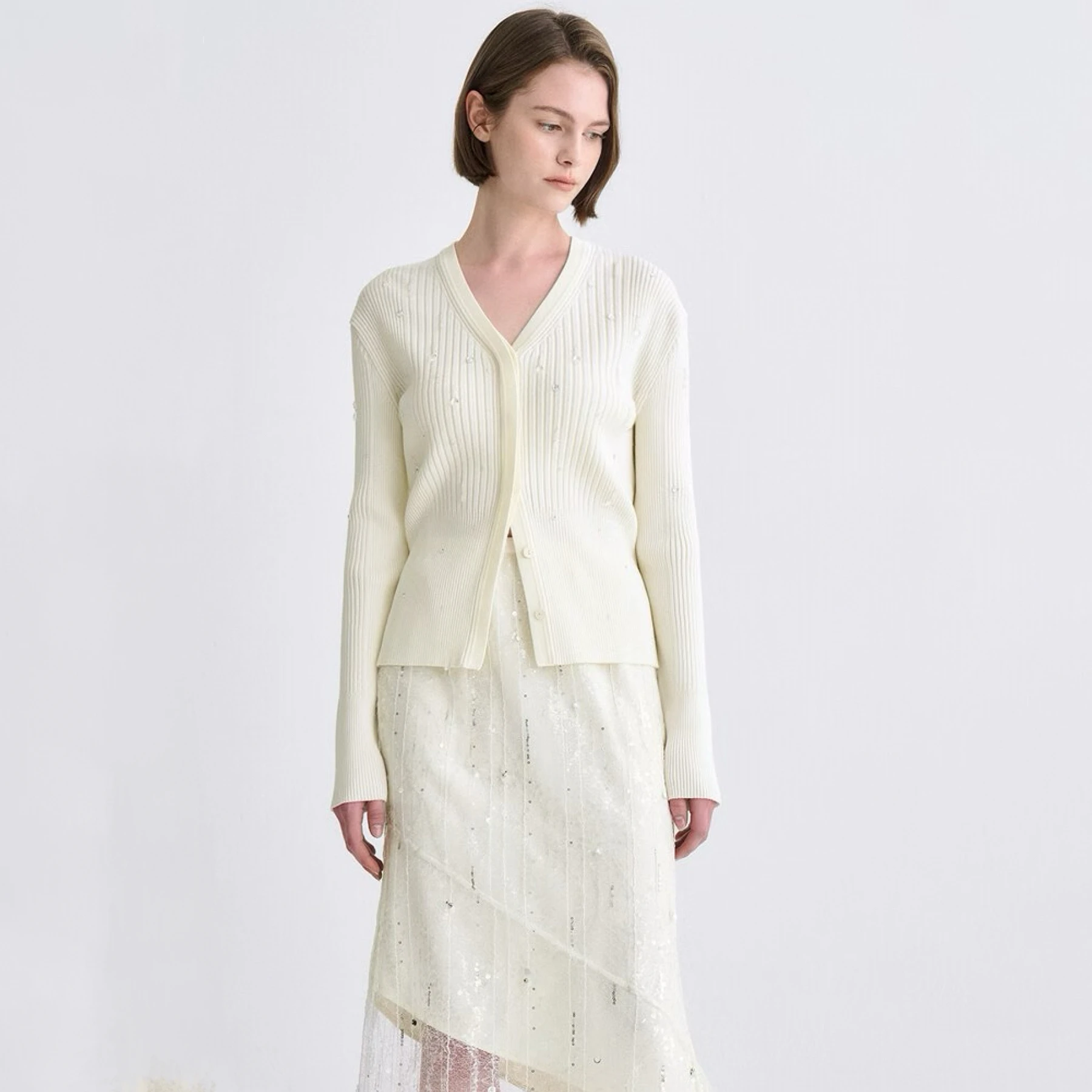 Lemon Cheese High Quali V-Ne Knitted Slim Fit Long Sve Diamond Embellied Open Cardigan Women's Commute Sle Autumn ...