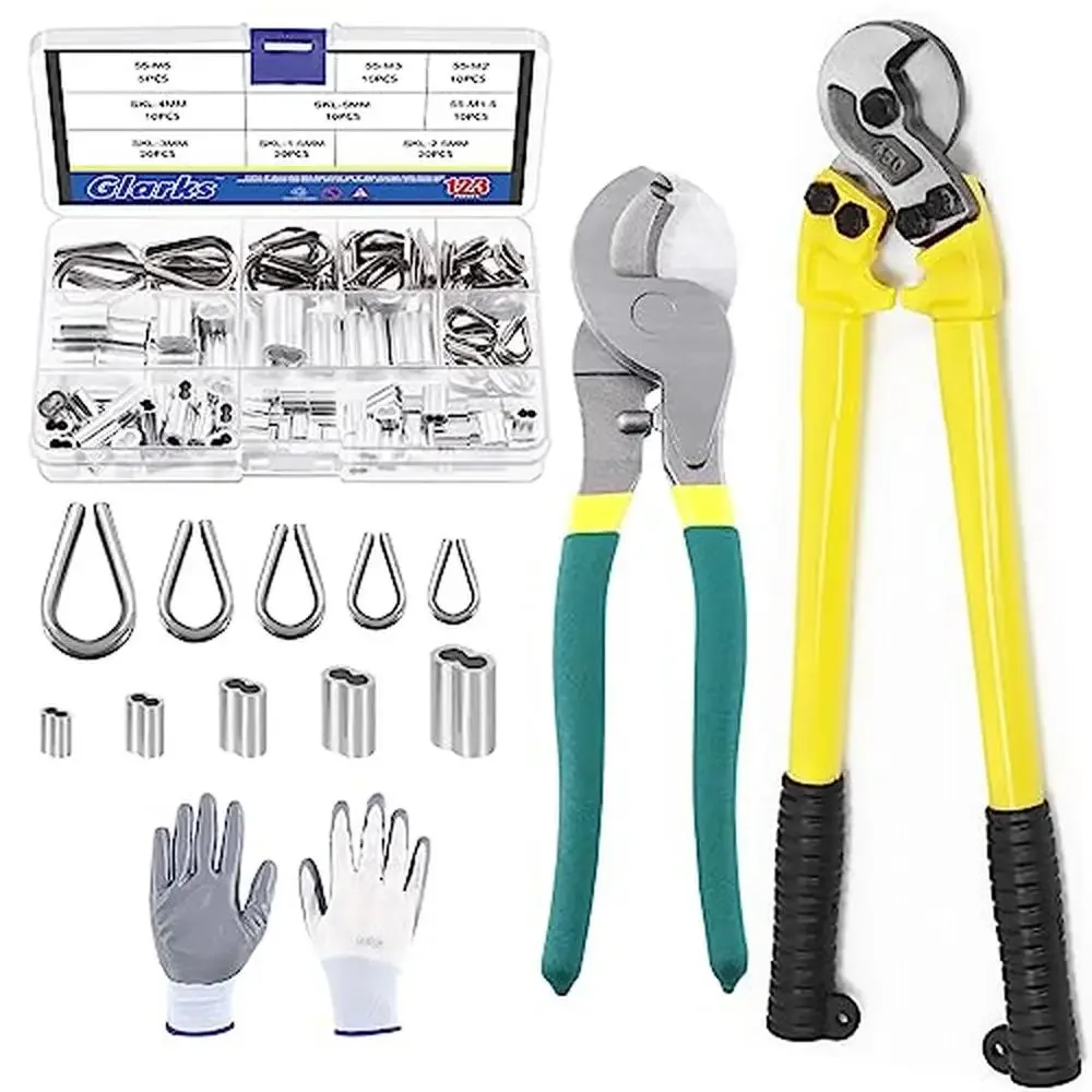 

118Pcs Heavy Duty Cable Cutter Set with Crimping Sleeves and Thimbles 10" & 18" Wire Rope Cutters Marine Rigging Industrial