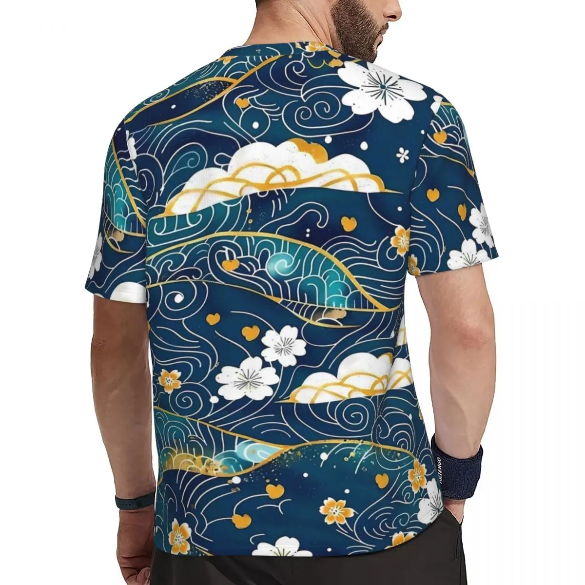 Gym T-Shirt For Male Japanese Seigaiha Waves T Shirts Novelty Flower Print Beach Tees O Neck Classic Tops Birthday Present