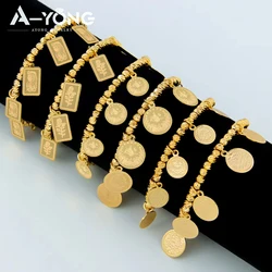 Arab Gold Color Bead Bracelet 21k Gold Plated Adjustable Turkish Coins Bangles Islamic Women Luxury Wedding Party Jewelry Gifts