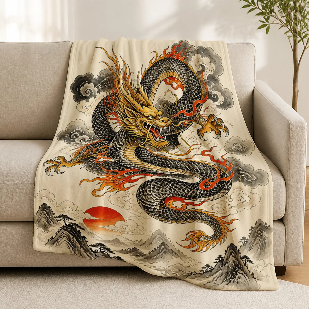 Majestic Chinese Dragon Tapestry Throw Blanket for Sofa Couch Home Decor Oriental Art Print Luxury Accent Winter bedding decor