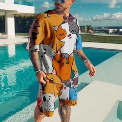 T-Shirt manches courtes et Short pour homme, ensemble 2 pièces surdimensionné avec chat mignon imprimé en 3D