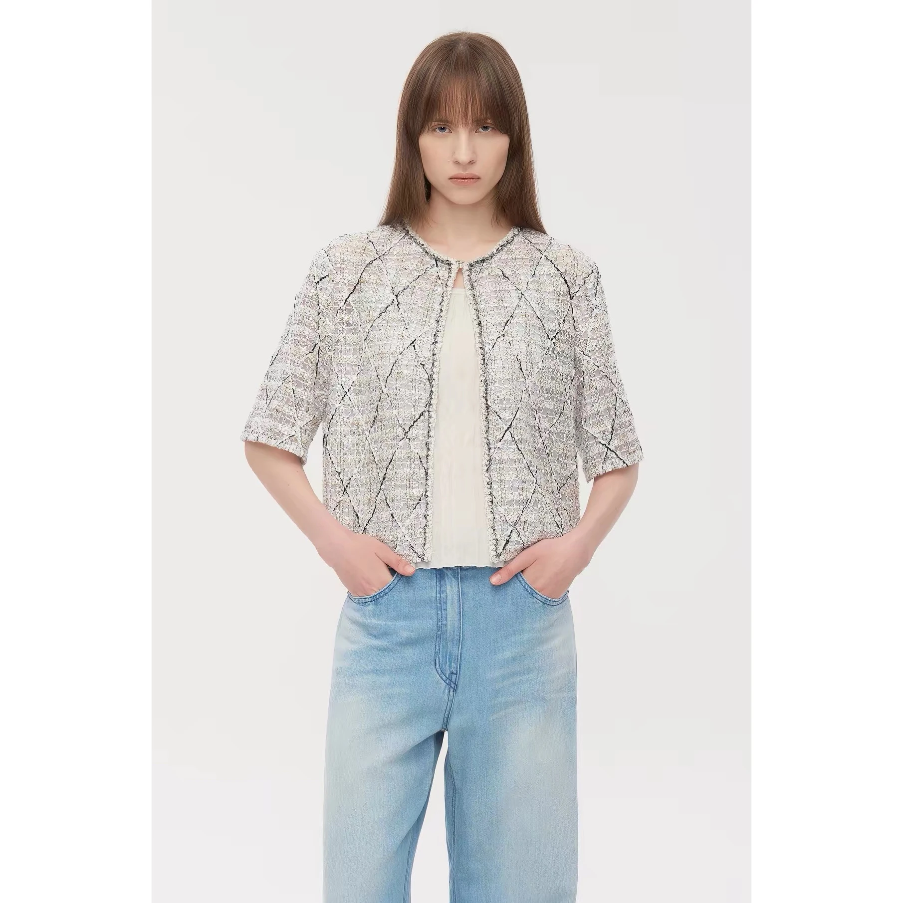 LingYao High Quality TIM26 Autumn Fashion Embroidered Hand Sewn Sequin Short Sleeve Jacket Elegant Fragrance Style Women's Coat