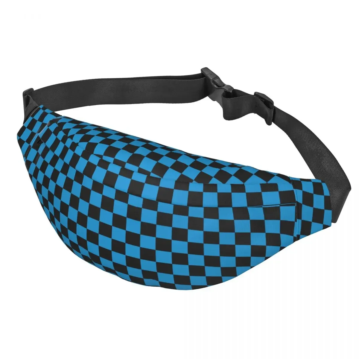 Custom Casual Checkerboard Plaid Fanny Pack Men Women Light Blue And Black Sling Crossbody Waist Bag Hiking Phone Money Pouch