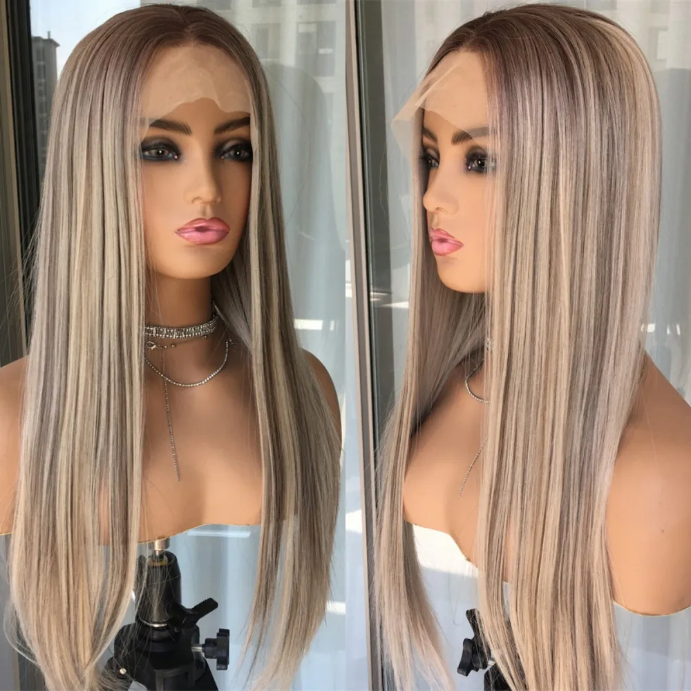 13x4 Frontal Wig Straight Highlight Blonde Colored Synthetic Lace Wigs for Women Preplucked with Baby Hair Natural Looking Daily