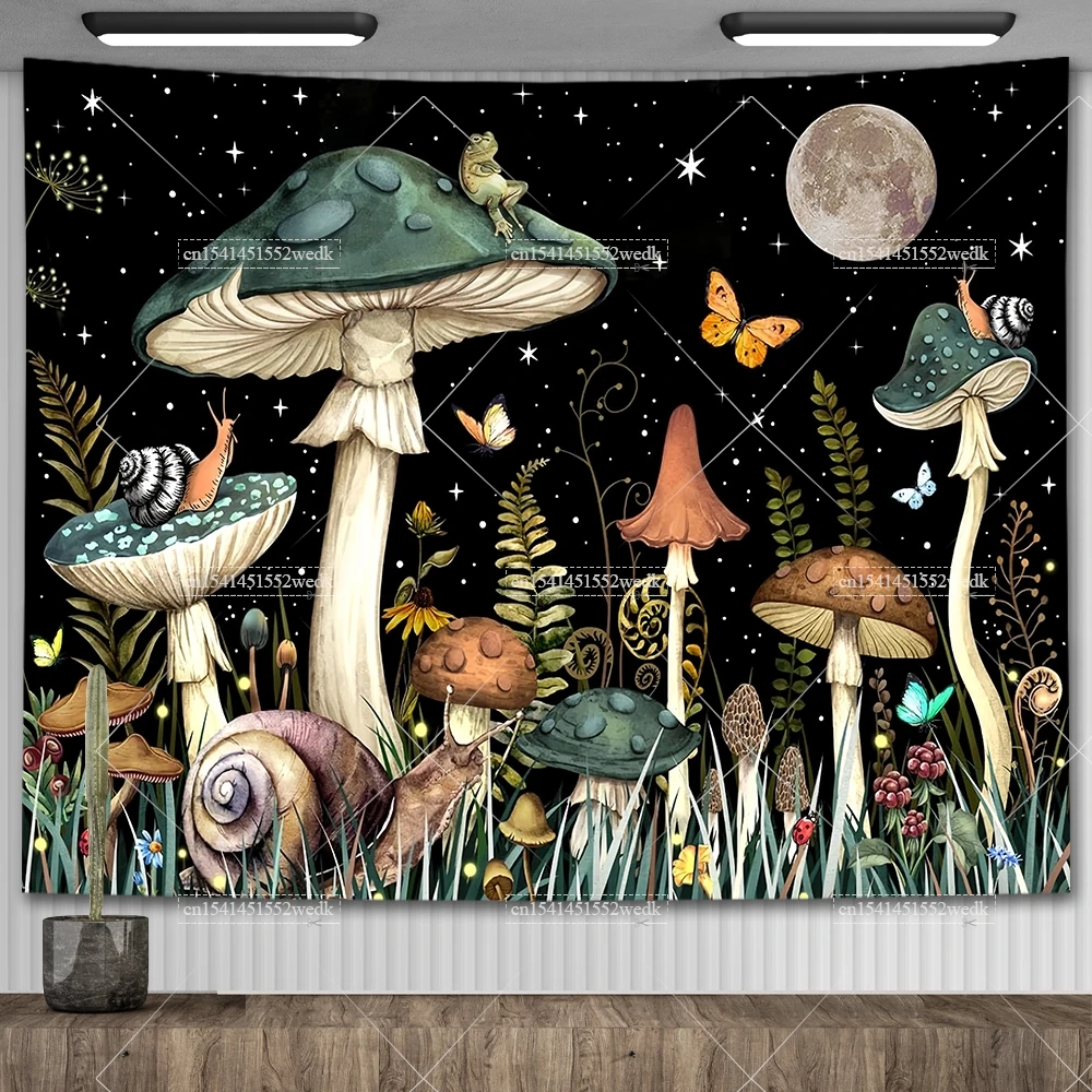 Mushroom Tapestry Moon Star Tapestries Butterfly Snail Frog Tapestrys Aesthetic Room Decor Starry Night Green Plant Tapastrys