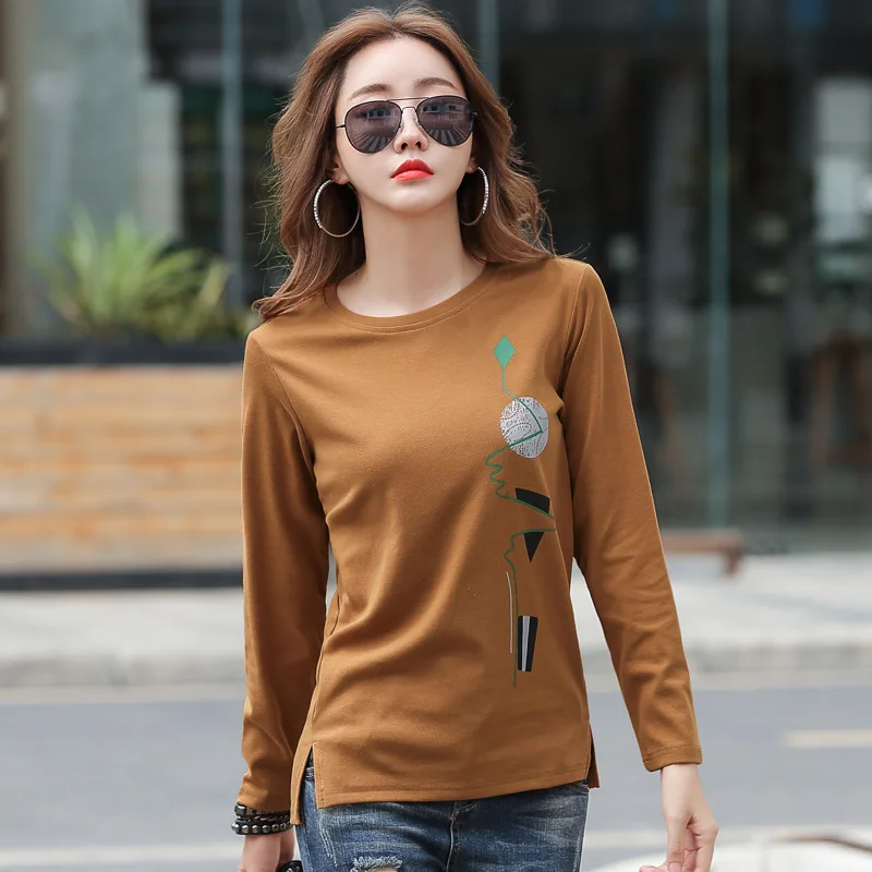 shintimes Print Tshirt Cotton T Shirt Women Korean Clothes 2024 Autumn T-Shirts Womens Long Sleeve Woman Tops Tee Shirt Femme