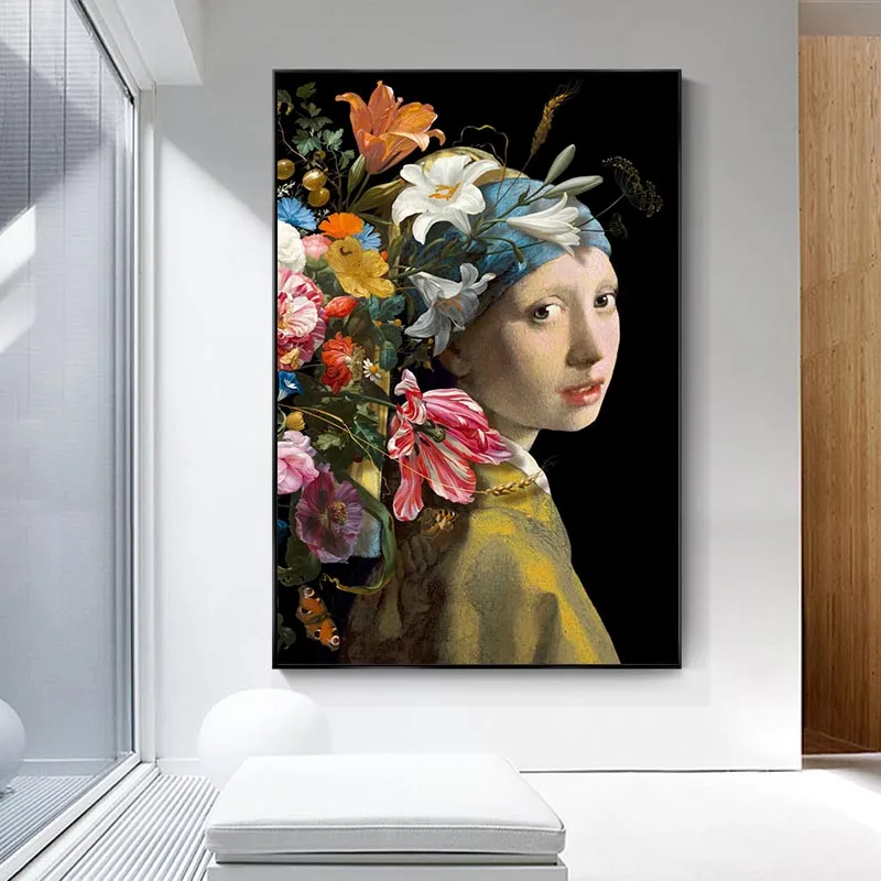 

Girl With The Pearl Canvas Painting Flowers Woman Poster and Print Famous Portrait Picture Living Room Home Decor Mural Unframed