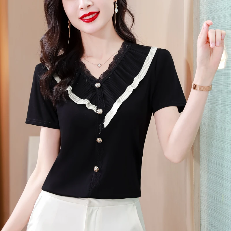 ZUO MAN RU 2023 Summer New V-neck Black Silk Chiffon Shirt Top Loose Large Pleated Lace Panel Women's Slim Shirt T-shirt