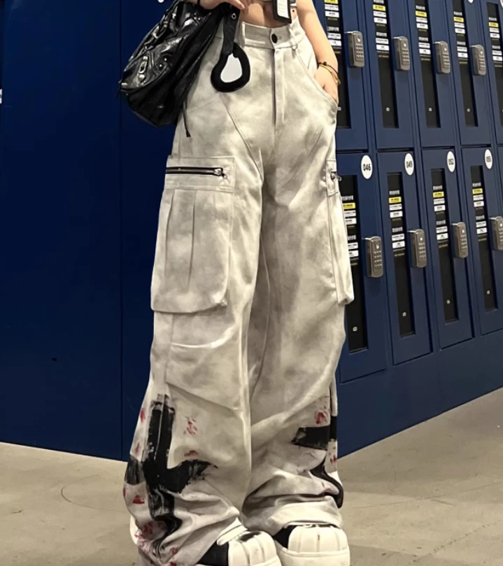 American Personality Girl Chic Big Pocket Wide Leg Hip Hop Pants Fashion Retro Subculture Do Old Sexy Handsome Floor Trousers