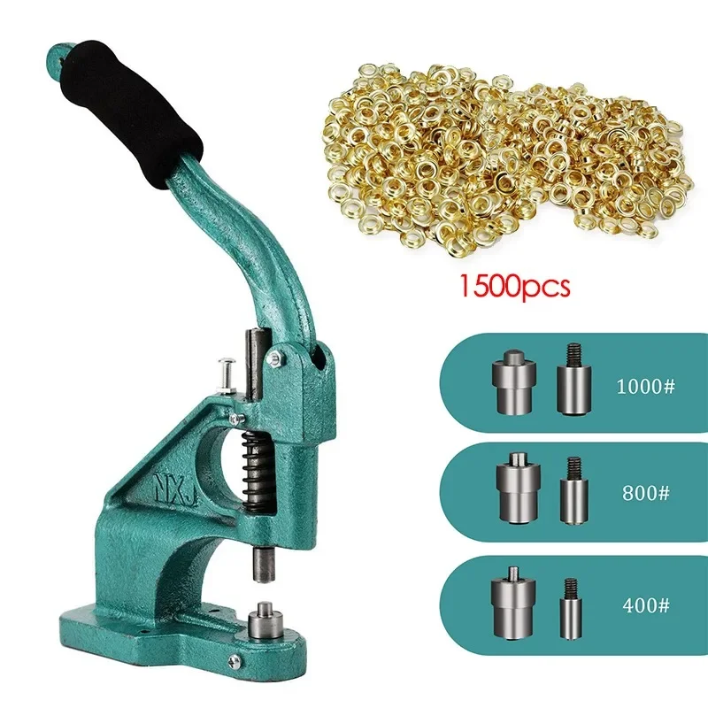 Hand Press Grommet Machine with Eyelets 1500pcs Kit 6/10/12mm Dies Mold Punch Manual Installation Tool for Clothes Sewing