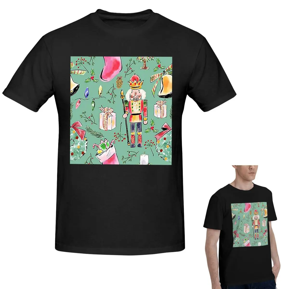 

Хлопковая рождественская футболка «Щелкунчики» со звездами и балеринкой, мужская классическая футболка большого размера, мужские рубашки с круглым вырезом, топы, S-6XL