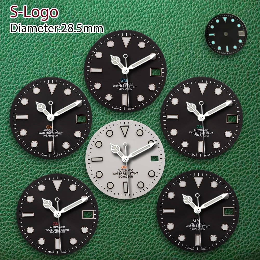 28.5 مللي متر S شعار أسود GMT الطلب لا الأيدي الفضة التقويم الإطار الجليد الأزرق مضيئة صالح NH34 ساعة يد تعمل بالحركة تعديل الملحقات