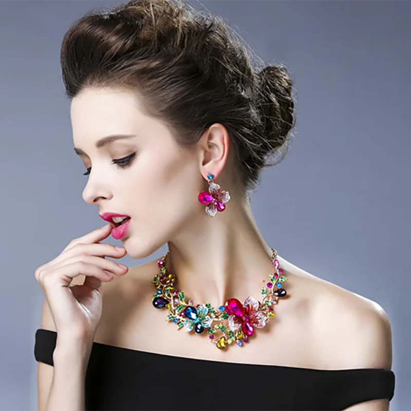 Fashion Bauhinia Flowers Crystal Jewelry Set Multicolor Earrings with Matching Necklace Wedding Necklace Women Jewelry