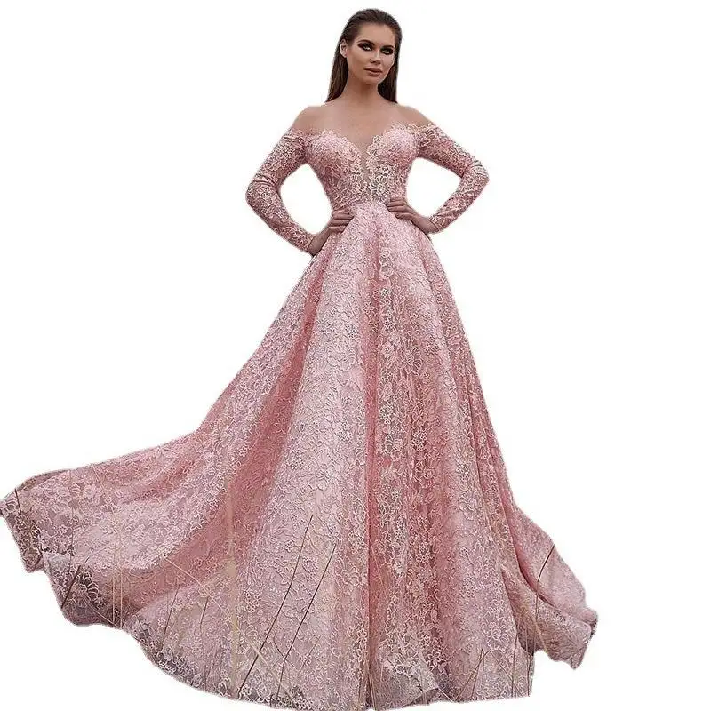 Sexy scava fuori pizzo ricamo oulder damigella d'onore Dr donna lunga Dr a vita media tessuto in poliestere primavera 2025