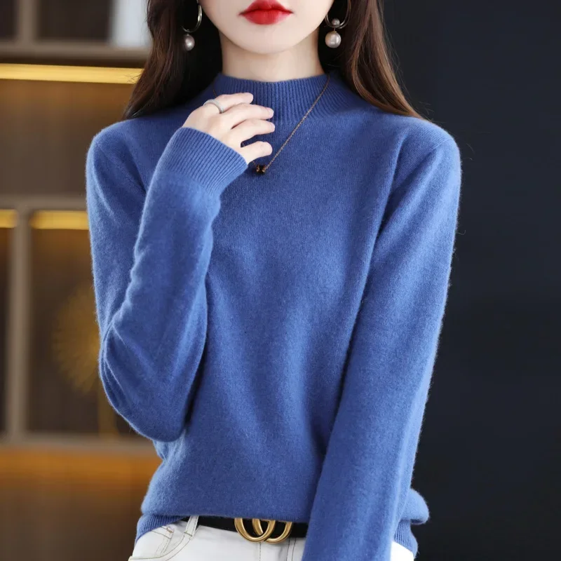 

Autumn Winter 100% Pure Wool Sweater Women First Line Seamless Half-high Collar Solid Pullover Basis Casual Cashmere Knit Top