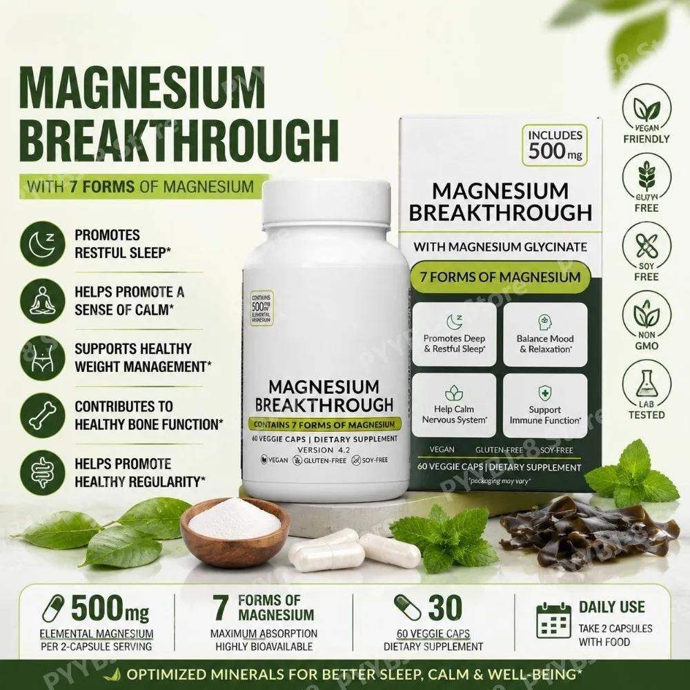 Magnesium Glycinate Complex Capsules with 7 Magnesium Forms and Vitamin B6, 500mg Per Serving, 60 Count Sleep Wellness Support