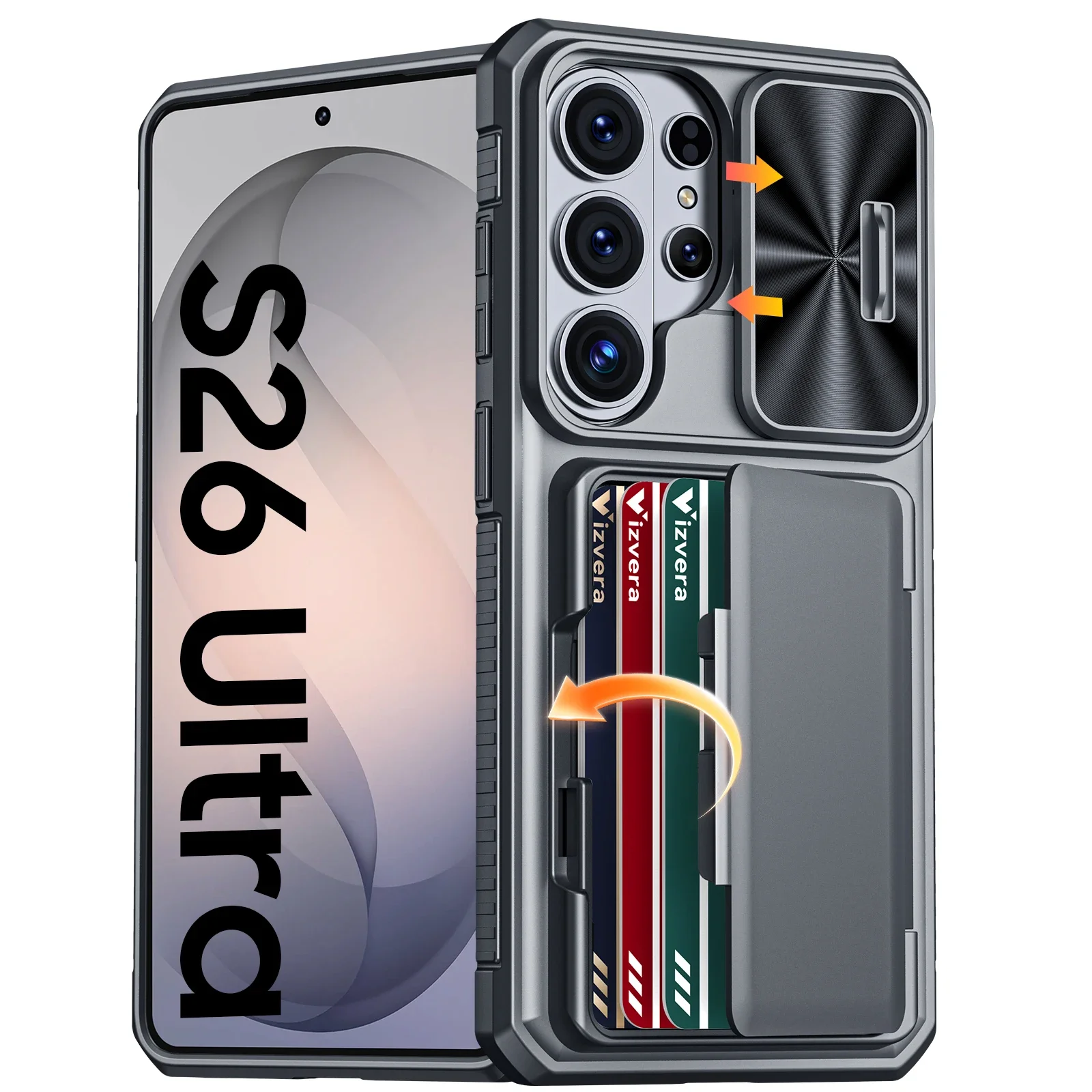 Capa Carteira para Galaxy S26 Ultra - Proteção Total com Suporte para Cartões (4 Cartões), Tampa para Câmera e Suporte de Apoio para Mulheres e Homens - Cinza