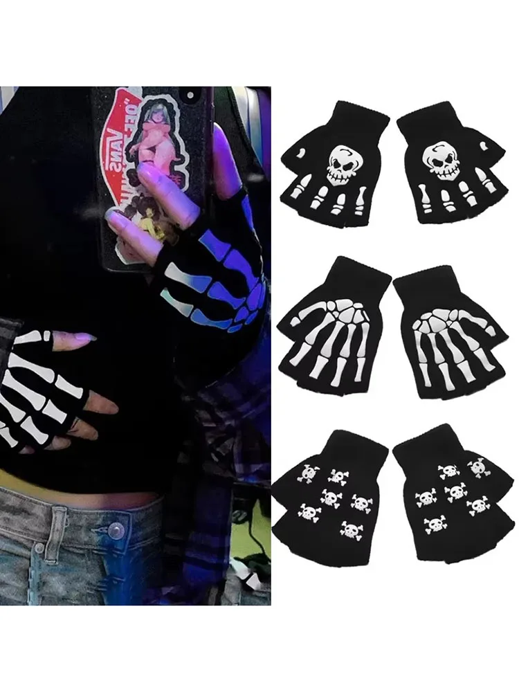 AliExpress 1/2/3Pairs Unisex Adult Halloween Skeleton Skull Half Finger Gloves Glow in the Dark Fingerless Stretch Knitted Winter Mittens