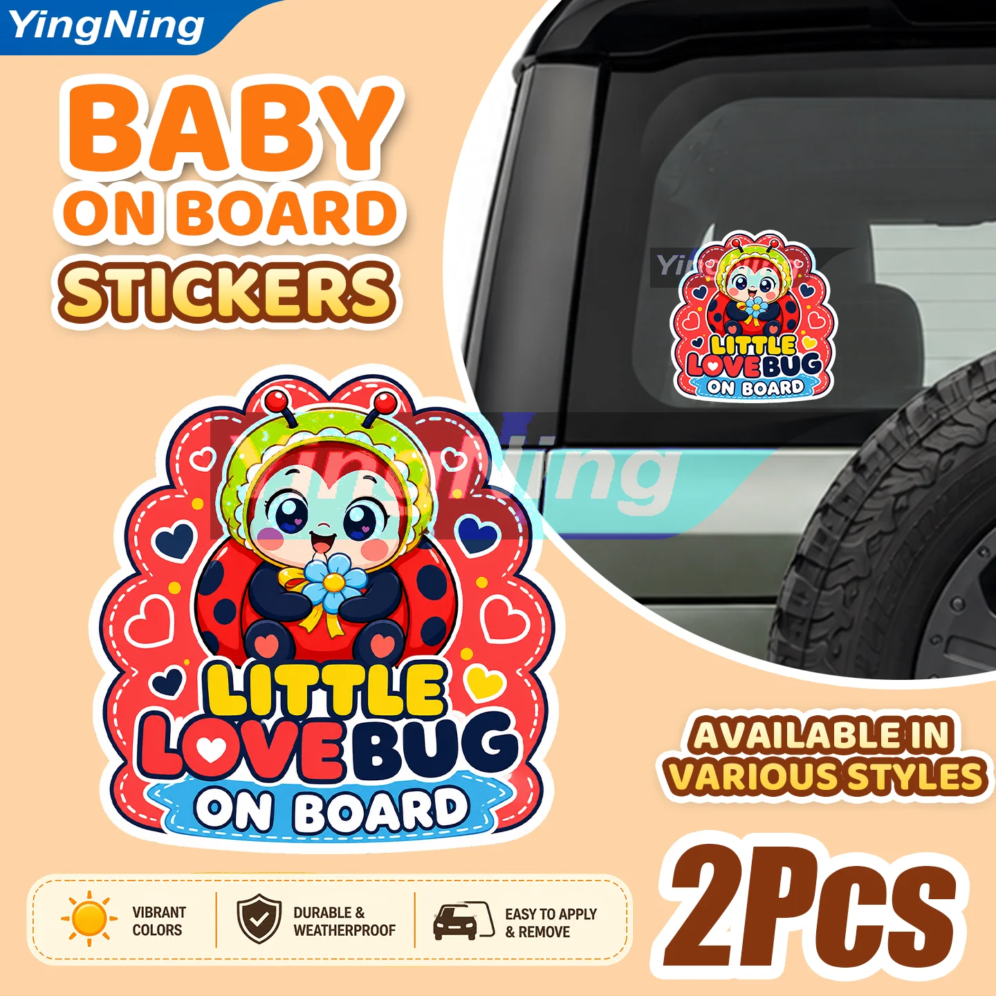 2Pcs Cute Ladybug Baby on Board Car Sticker Little Lovebug Waterproof Vinyl Car Decal Rear Window Bumper Sticker Window Decor