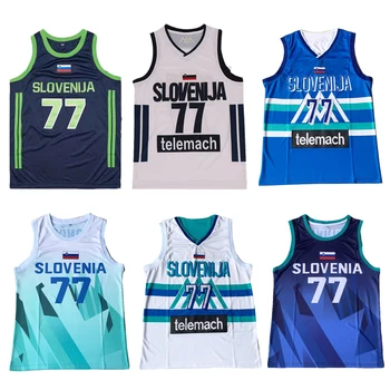 Maillots de basket-ball slovénie 77 DONCIC jersey couture broderie pas cher haute qualité tenue de ville blanc bleu vert
