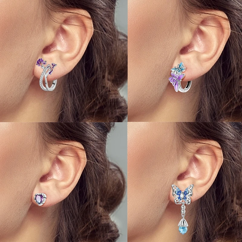 925 Sterling Silber Creolen Schmetterling Regenbogen Blume Tulpe Iris Lila Hängeohrringe Schmuck Geschenk für Frauen Mädchen – Detail 8