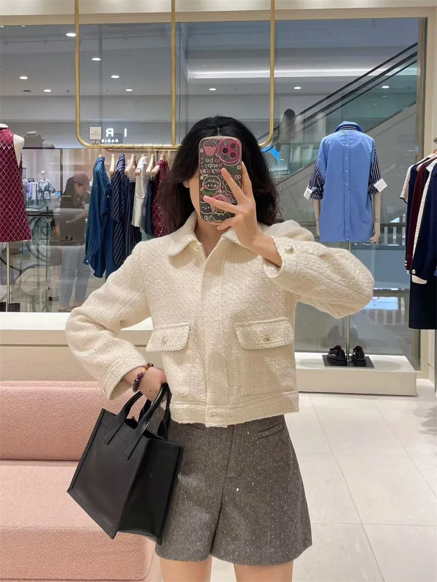 الرجعية محبوك تويد سستة ort دعوى Jaet SD المنزل خريف 2024 معطف بياقة بيضاء مستقيم قطع القطن طويل Sve لون نقي #2