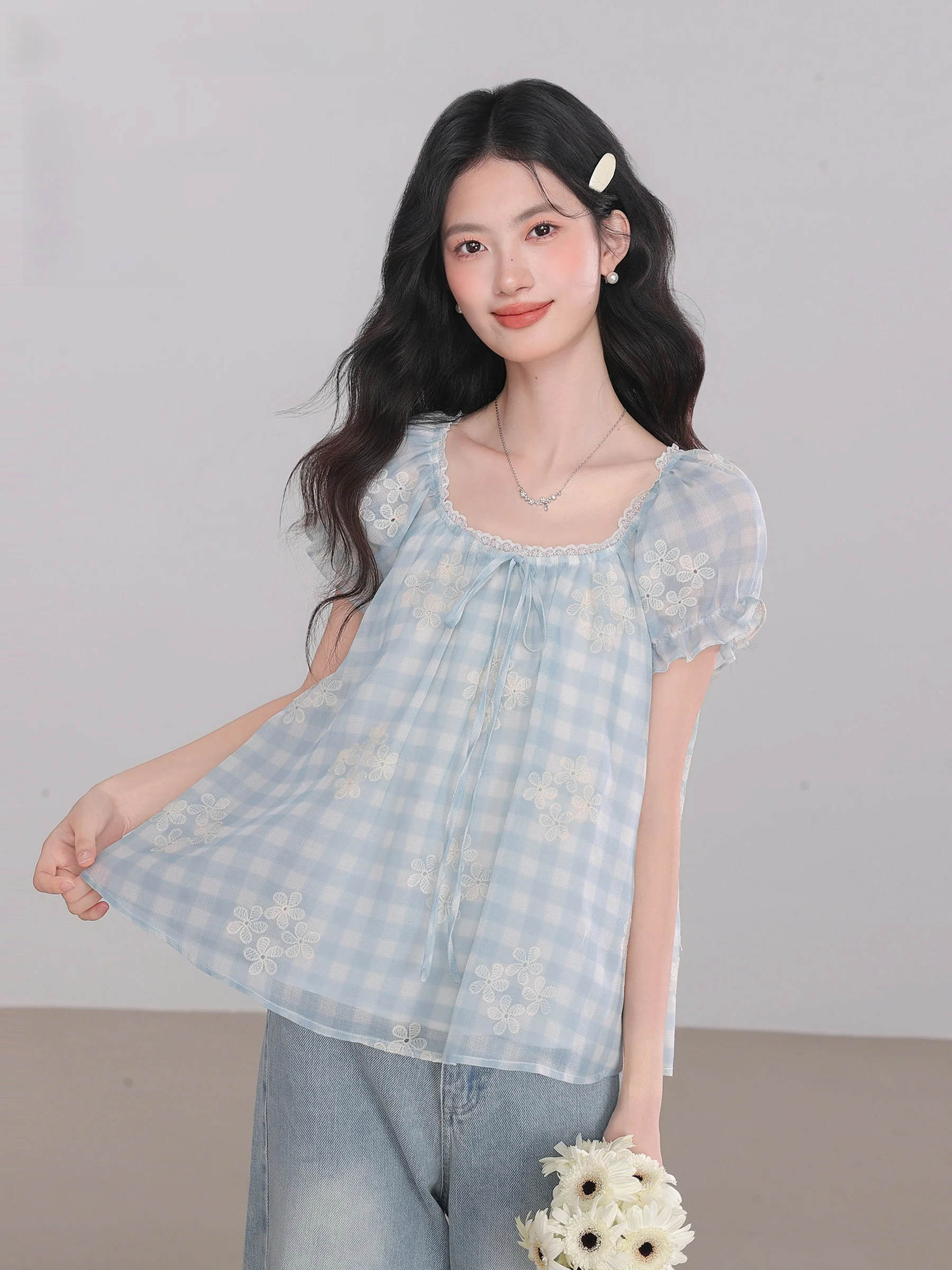 

Летняя женская блузка с вышивкой, короткими рукавами-фонариками и квадратным воротником, повседневная, в стиле кэжуал