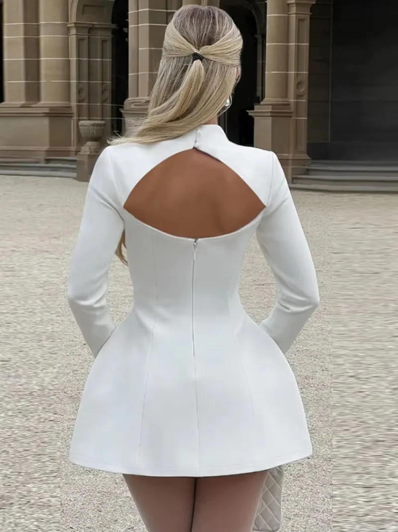 Womens Fall Long Sleeve High Waist A-line Solid Blazer Dress White Black Office Lady Tunics Backless Zip-up Short Party Dresses