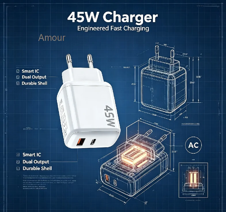 45W GaN 2‑Port USB‑C Compact Fast Wall Charger PD QC3.0 Power Adapter EU US Plug For iPhone Samsung Xiaomi Type‑C Phone Charger