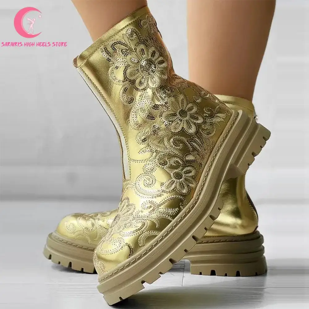 Metallic Floral Embroidery Women Ankle Boots Platform Fashion Sequin Vintage Women Western Boots Round Toe Zipper Shoes Winter