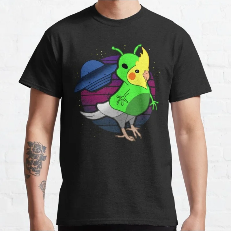 Vaporwave Alien Cockatiel Gift t shirt for birds lover 100% cotton printed tee Short Sleeve Graphic Clothes All size top S-6XL