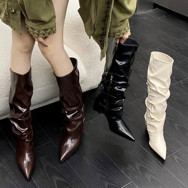 Designer Belt Buckle Pleated Women Ankle Boots Pointed Toe Thin Heels High Quality Design Zipper Autumn Winter Shoes