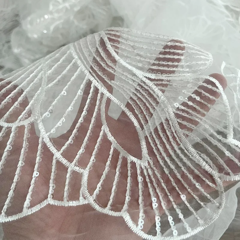 White Silk Thread Sequins Embroidered Lace Fabric Large Flower Mesh product image