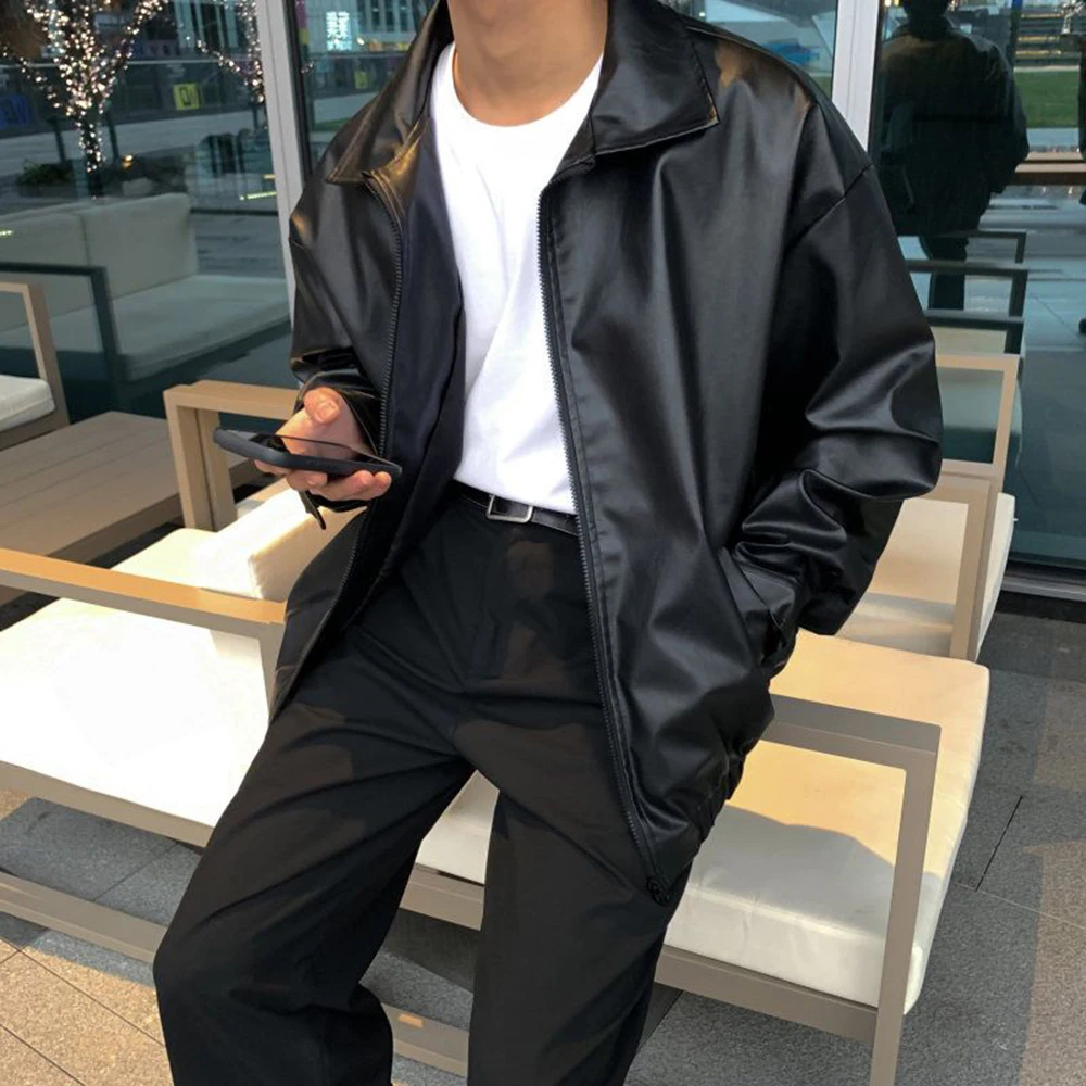 Mens Y2k Loose Leather Jacket Fashion Trend Heavy Pu Motorcycle Mens Tops New Autumn And Winter Elegant Handsome Casual Jacket