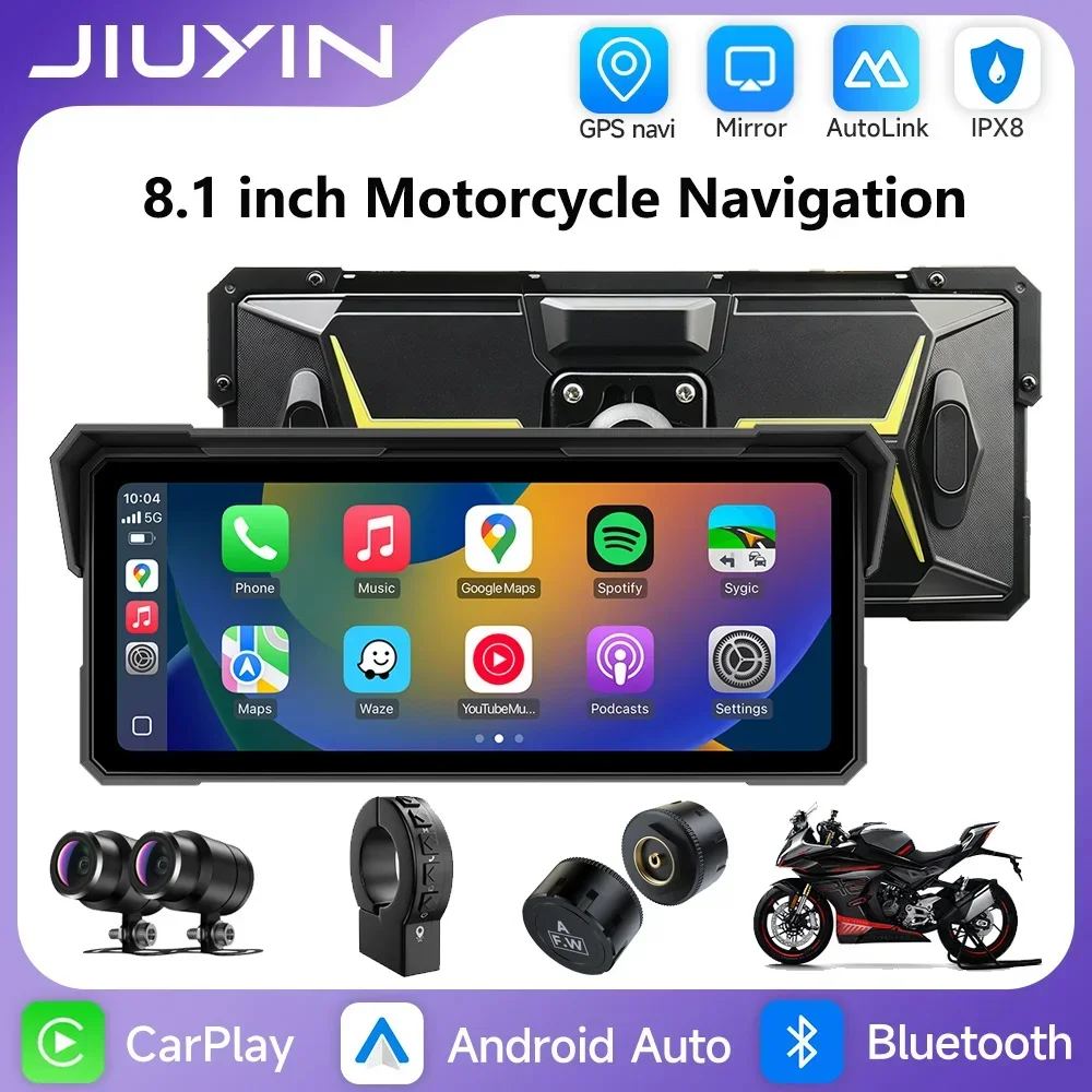 

JIUYIN 8.1 inch Motorcycle GPS Navigation 2K DVR Wireless Carplay Android Auto BT 5.0 IPX7 Waterproof Moto Display Recorder