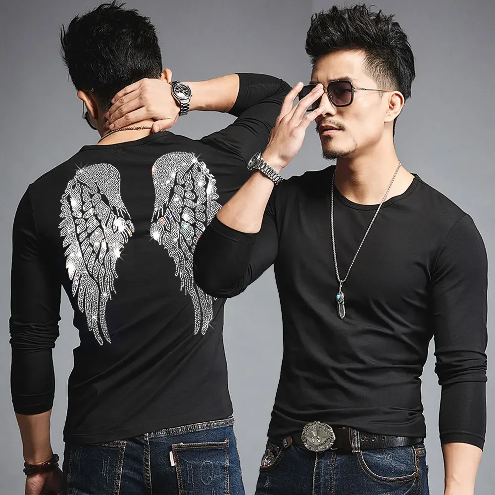 Unisex Rhinestone Wings Print T shirts Male Streetwear Cotton Ins Punk T-Shirt Dropshipping Oversize Long Sleeve Clothes