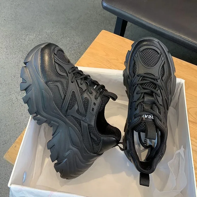 

Women New Fashion Platform Sport Shoes Women 2024 New Summer Black Casual Chunky Sneakers Women Mesh Leather Platform Shoes