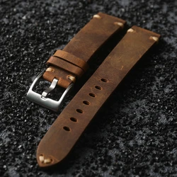 Handmade Head Layer Cowhide Leather Strap,18 19 20 21 22MM Brown Black Soft Genuine Leather Watchband Vintage Style Men Bracelet