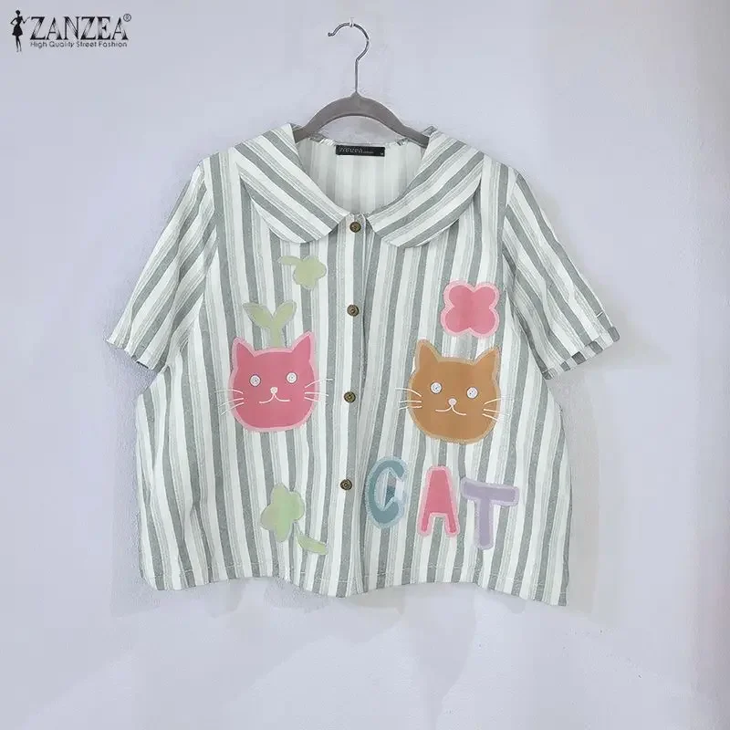 ZANZEA 패션 여성 반팔 셔츠 피터팬 칼라 스트라이프 블라우스 우아한 오피스 레이디 튜닉 탑 2026 여름 블라우스