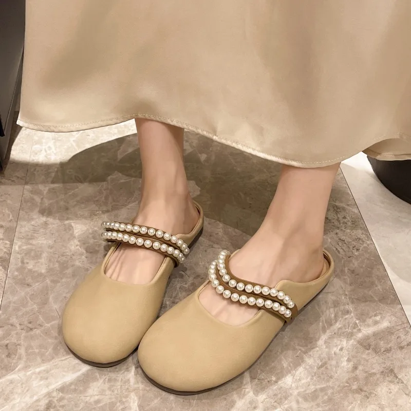 

Shoes Woman 2024 Slippers Summer Shallow String Bead Cover Toe Pantofle Flat New Slides Rubber PU Shoes Cover Toe Woman's Slippe