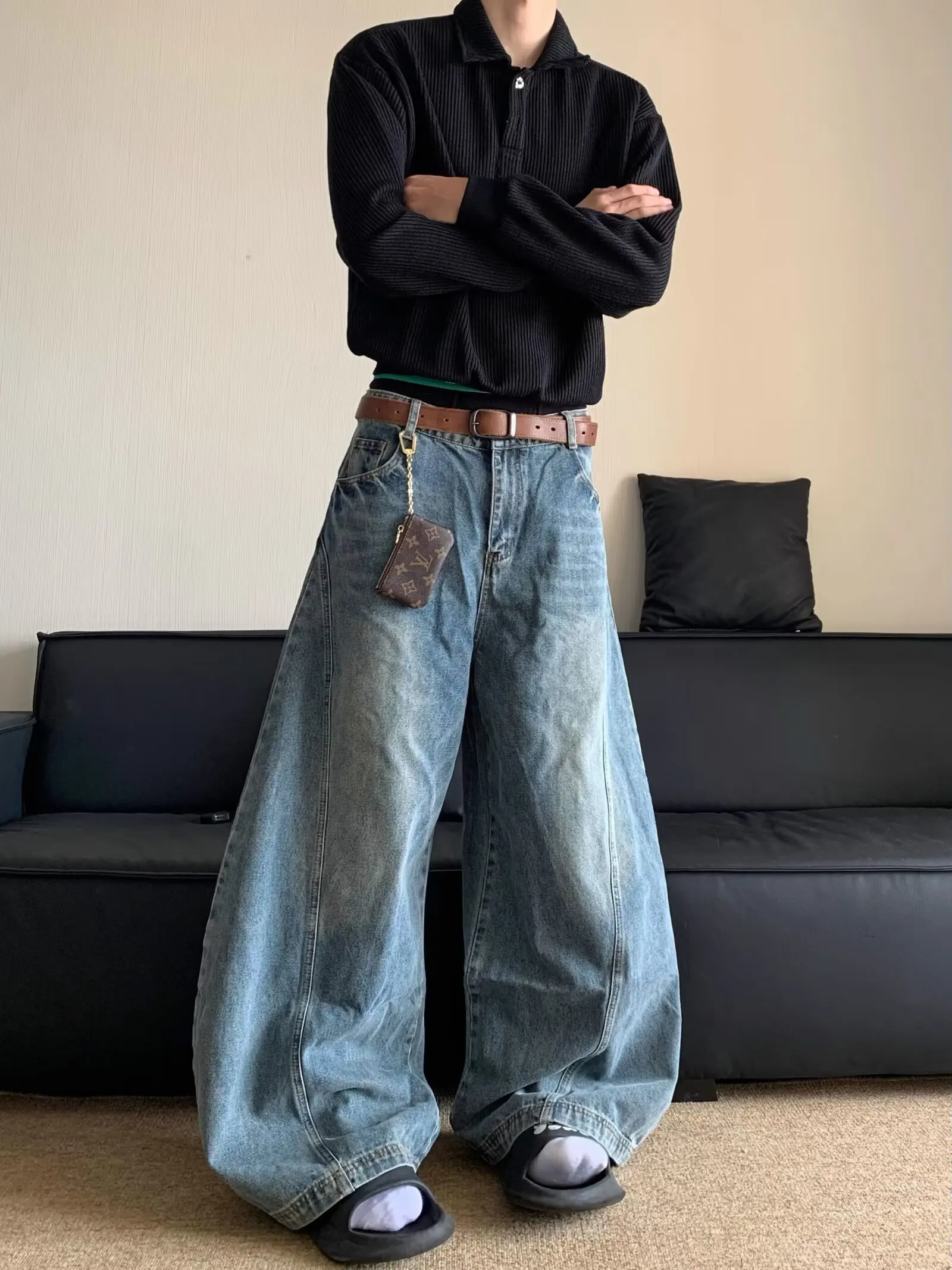 

Retro washed loose straight leg jeans men's trendy brand banana wide leg pants
