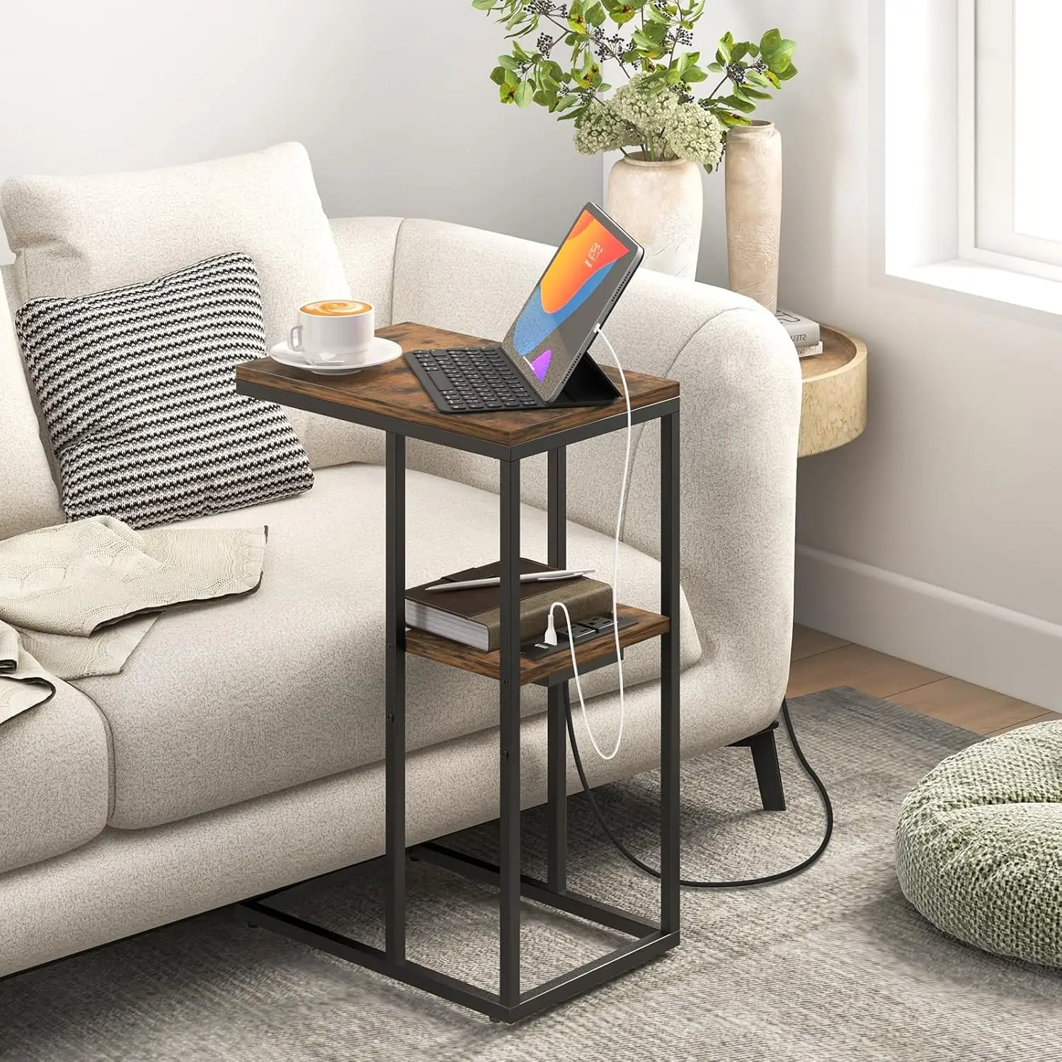 C Shaped End Table with Charging Station for Living Room, Bedroom, Sofa Table with USB Ports and Outlets for Small Spaces