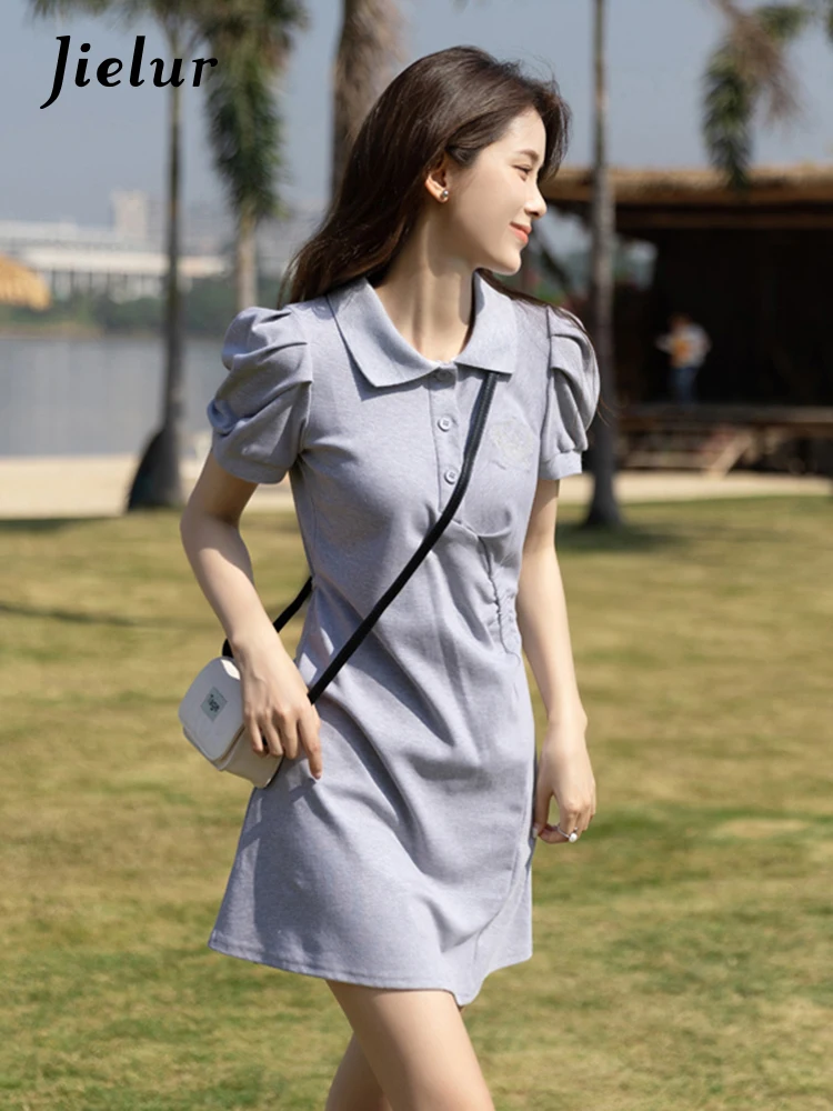 

Jielur Solid Color Puff Sleeve Polo High Waist Women’s Dresses Summer Simple Slim Korean Style Streetwear Clothes Casual Female