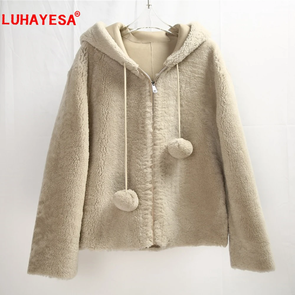 

2023 Women Girl Hooded Merino Sheepskin Fur Shearling Clothing Real Fur Coats