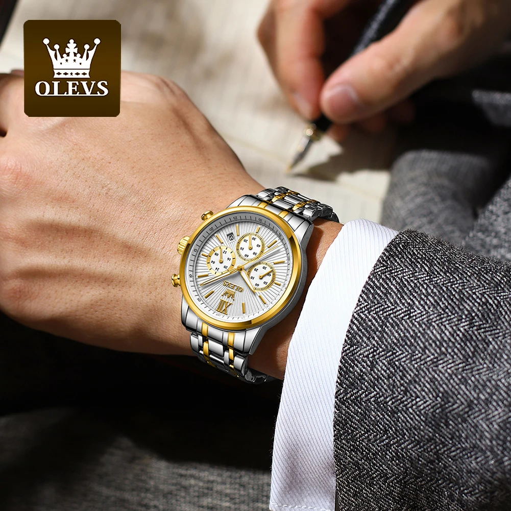 OLEVS Men\'s Watches Multifunctional Chronograph Original Quartz Wristwatch Waterproof Stainless Steel Luminous Fashion Trend